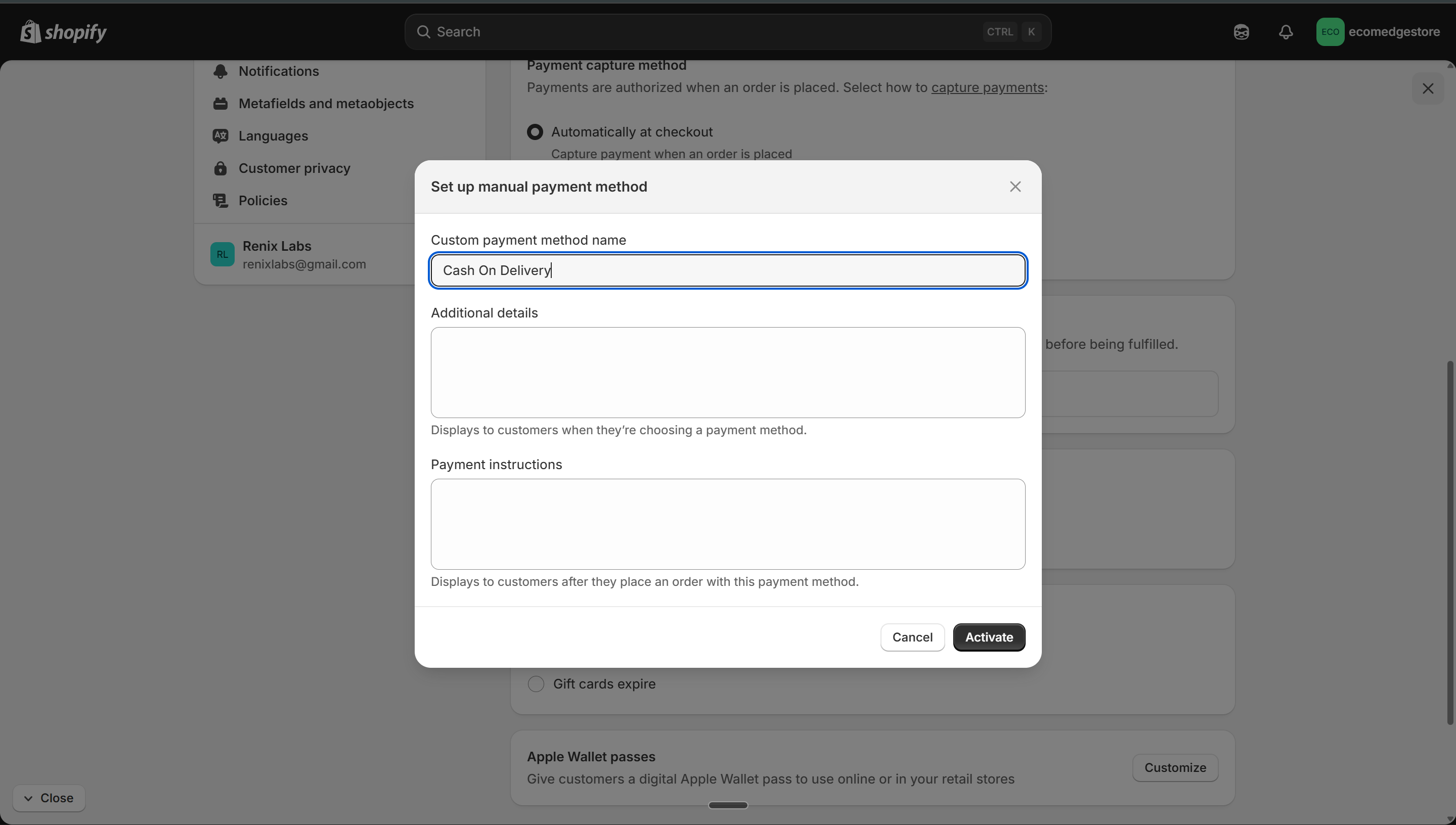Adding Cash On Delivery as manual payment method